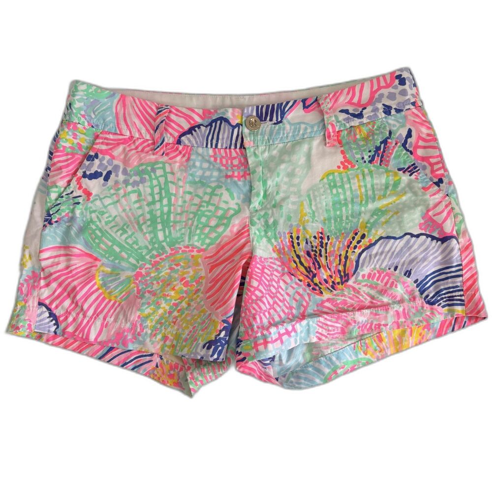 Lilly Pulitzer Callahan Shorts Size 10 Bright Coral Reef Pink Green Cotton